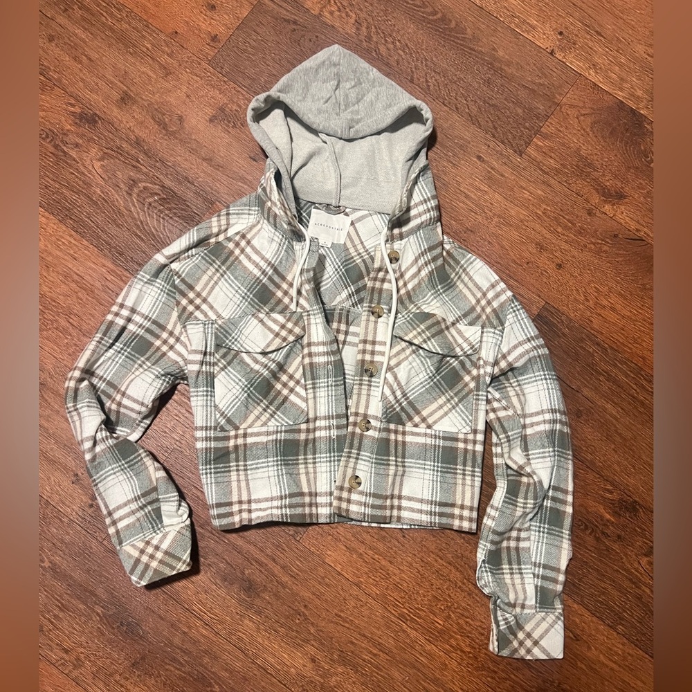 Aeropostale Gray and White Plaid Jacket Hoodie
